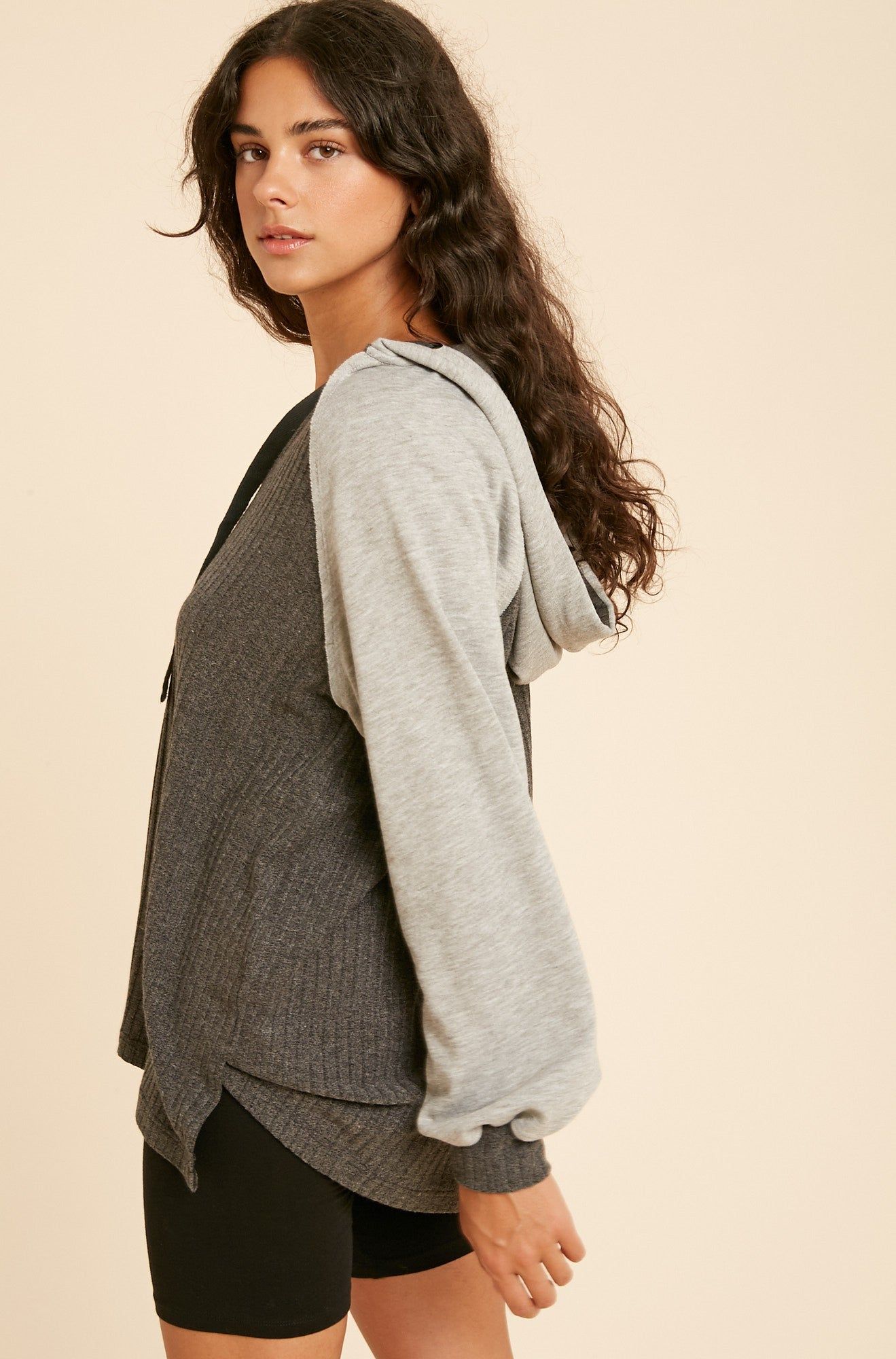 Charcoal Ribbed Knit Hoodie With Contrast sold by Pinkblush product image thumbnail 2