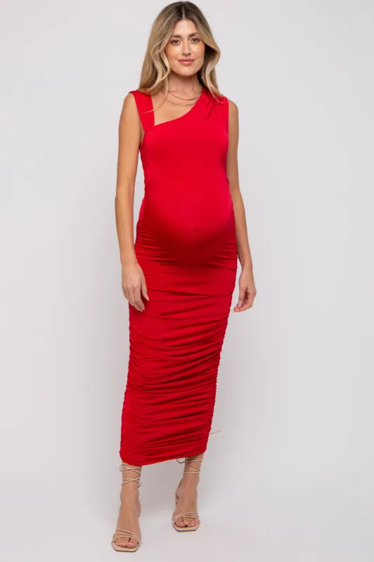 Red Asymmetrical Ruched Maternity Midi Dress sold by Pinkblush