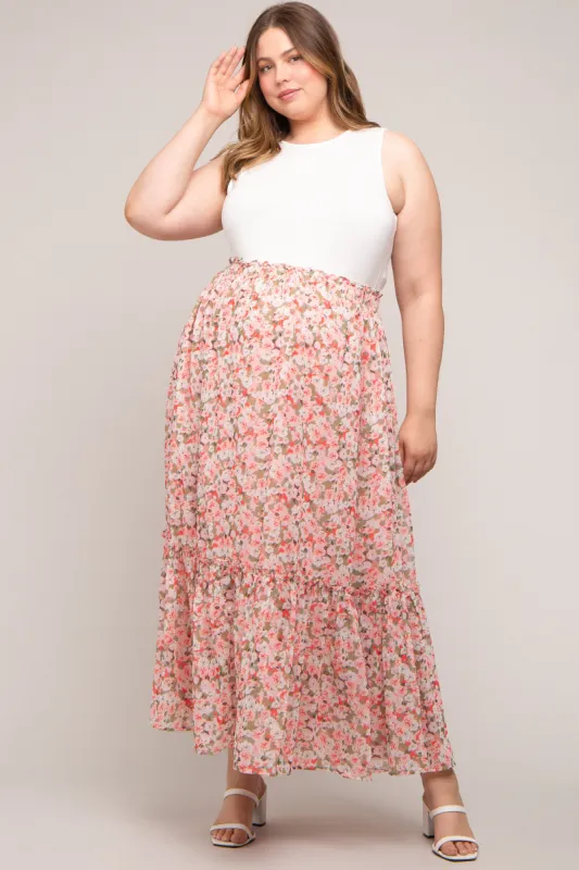 Pink Smocked Waist Tiered Maternity Plus Maxi Skirt sold by Pinkblush