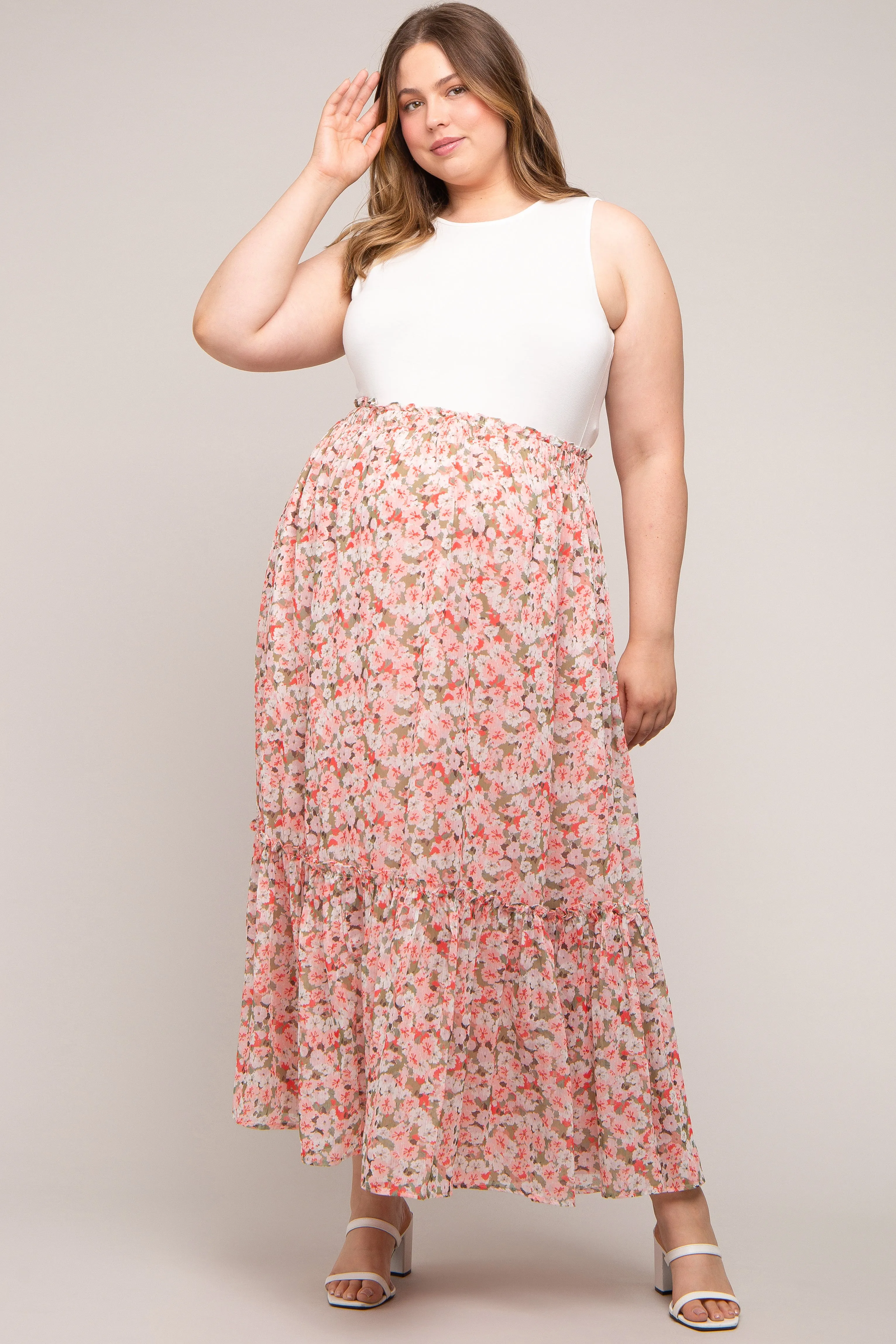 Pink Smocked Waist Tiered Maternity Plus Maxi Skirt sold by Pinkblush