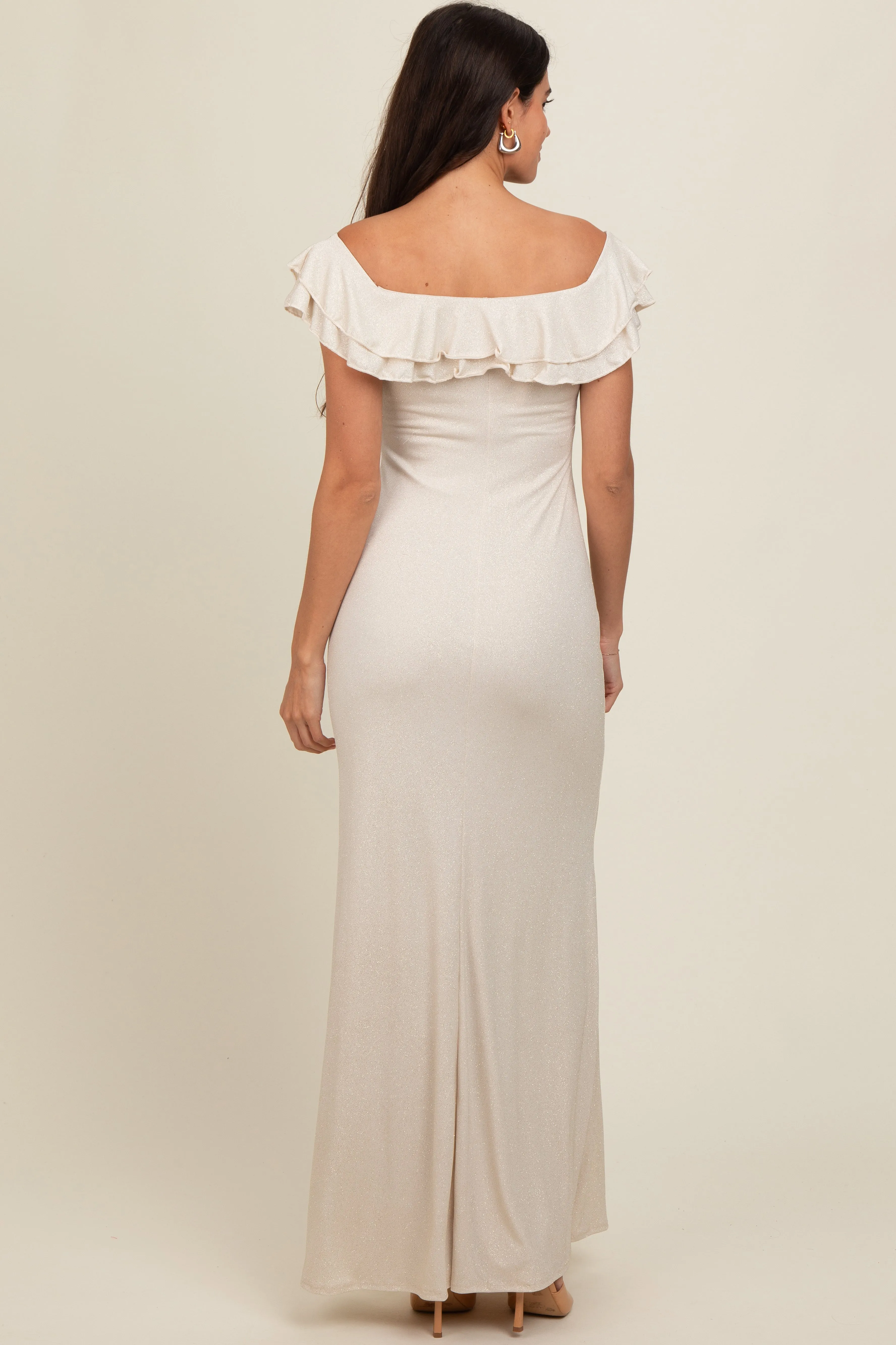 Beige Glitter Sweetheart Neck Ruffle Off Shoulder Maxi Dress sold by Pinkblush product image thumbnail 4