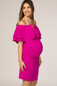 Fuchsia Off Shoulder Fitted Maternity Dress sold by Pinkblush