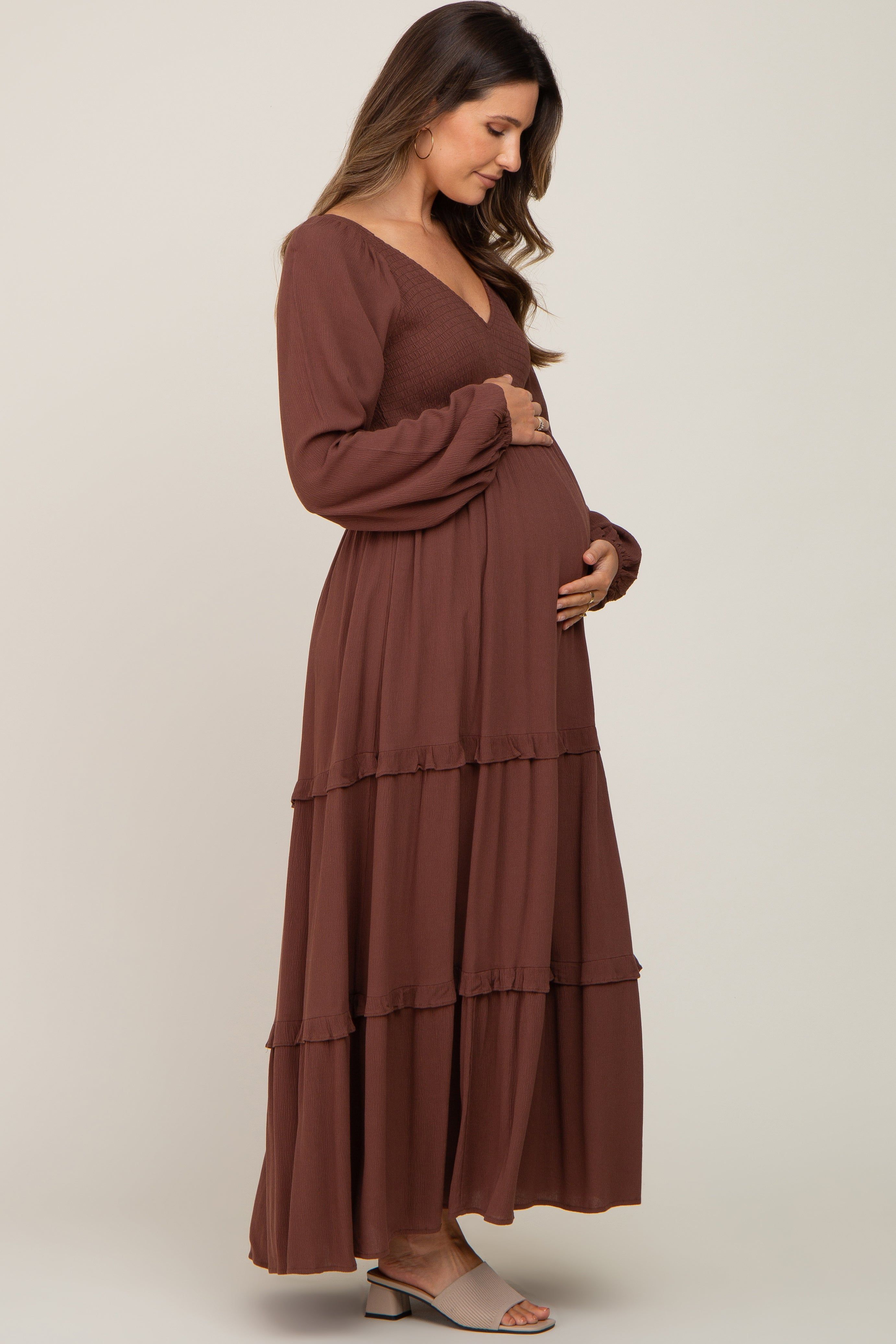 Mocha Smocked Tiered Maternity Midi Dress sold by Pinkblush product image thumbnail 2