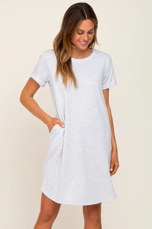 Heather Grey French Terry Cuffed Short Sleeve Maternity Dress sold by Pinkblush