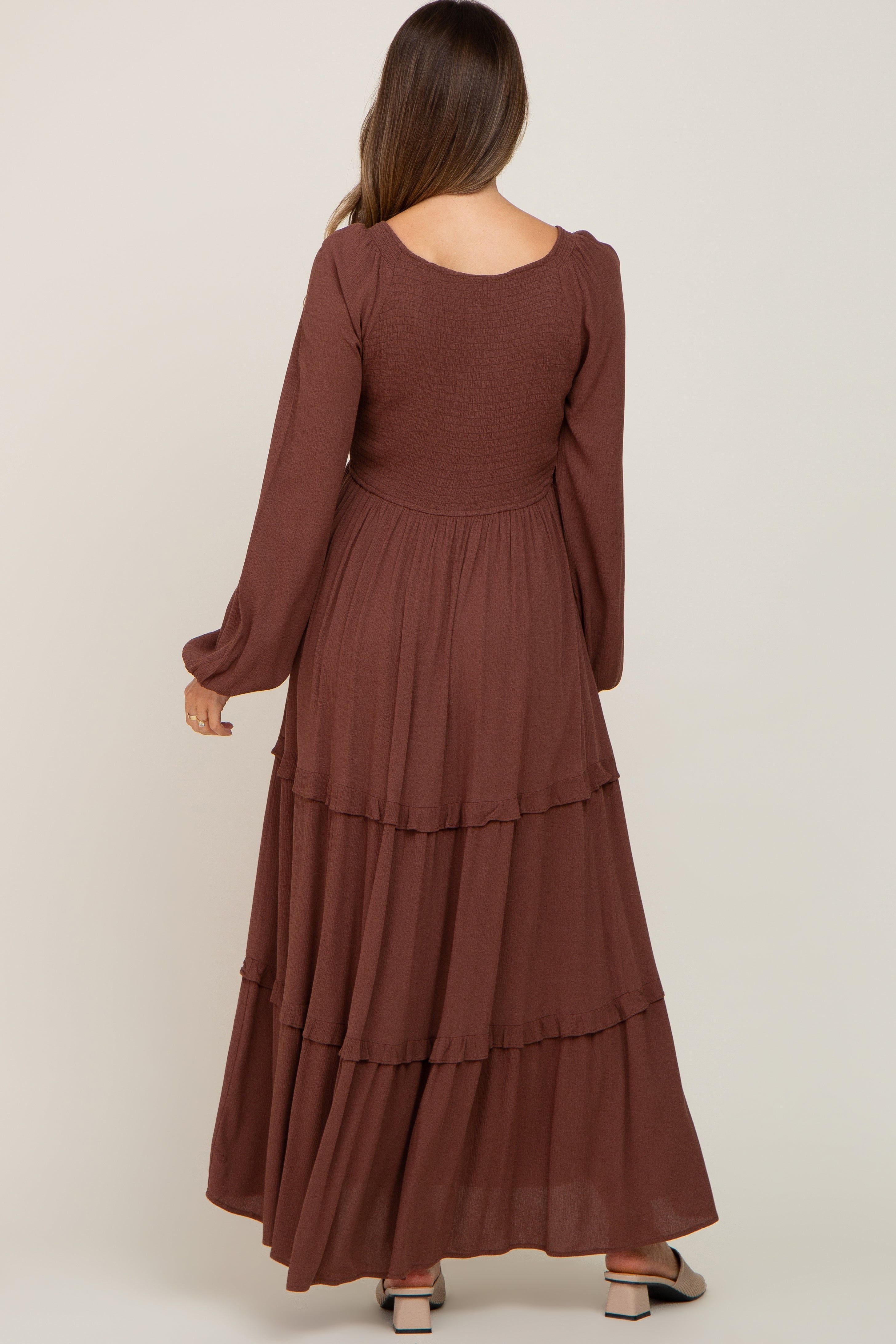 Mocha Smocked Tiered Maternity Midi Dress sold by Pinkblush product image thumbnail 3