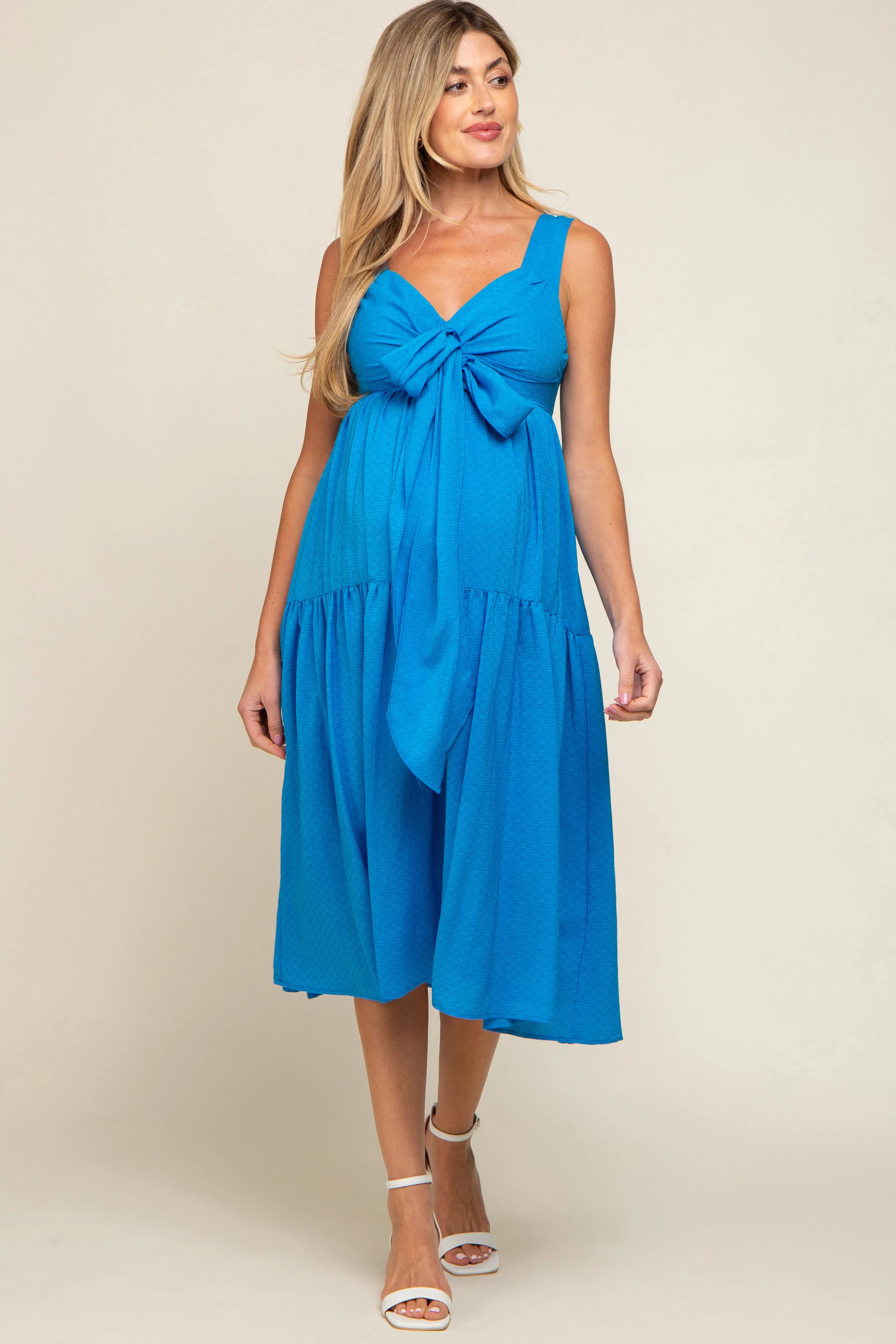 Blue Wrap Front Accent Maternity Midi Dress sold by Pinkblush