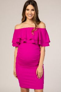 Fuchsia Off Shoulder Fitted Maternity Dress sold by Pinkblush