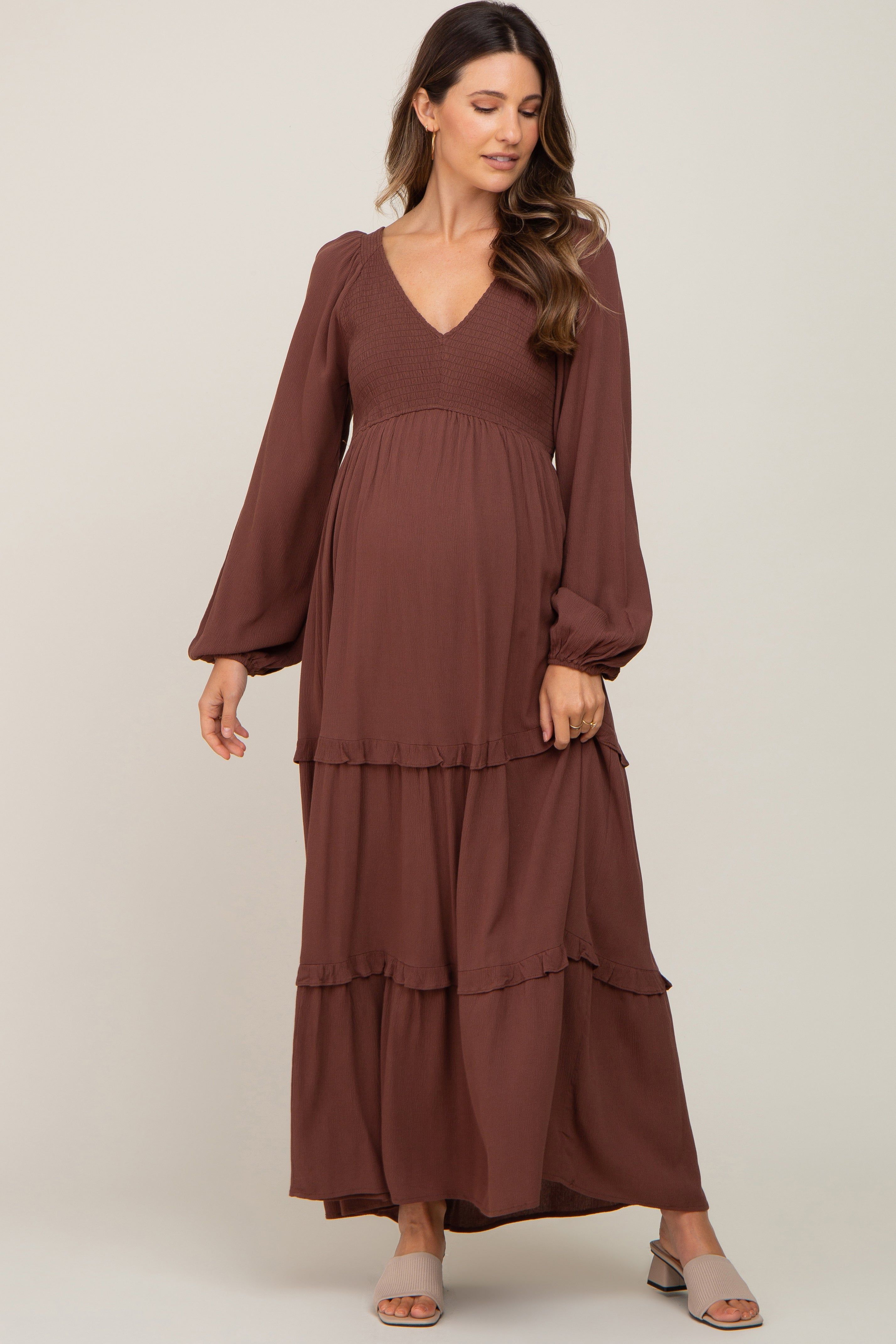 Mocha Smocked Tiered Maternity Midi Dress sold by Pinkblush