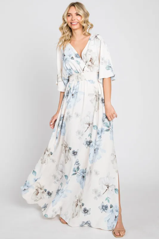 Blue Floral Double V-Neck Dolman Short Sleeve Side Slit Maxi Dress sold by Pinkblush