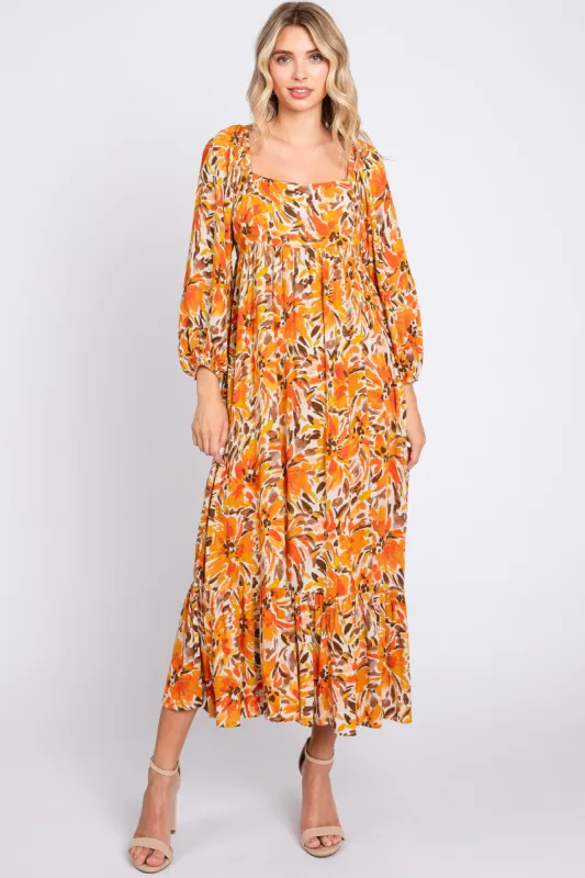 Orange Floral 3/4 Sleeve Midi Dress sold by Pinkblush