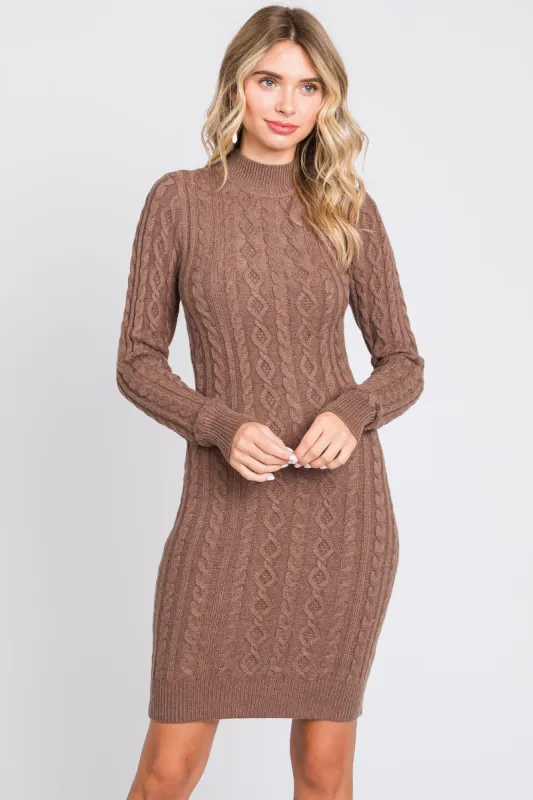 Mocha Cable Knit Mock Neck Long Sleeve Sweater Dress sold by Pinkblush