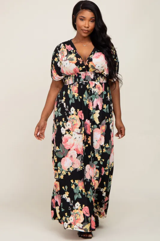 Black Floral Deep V-Neck Plus Maxi Dress sold by Pinkblush