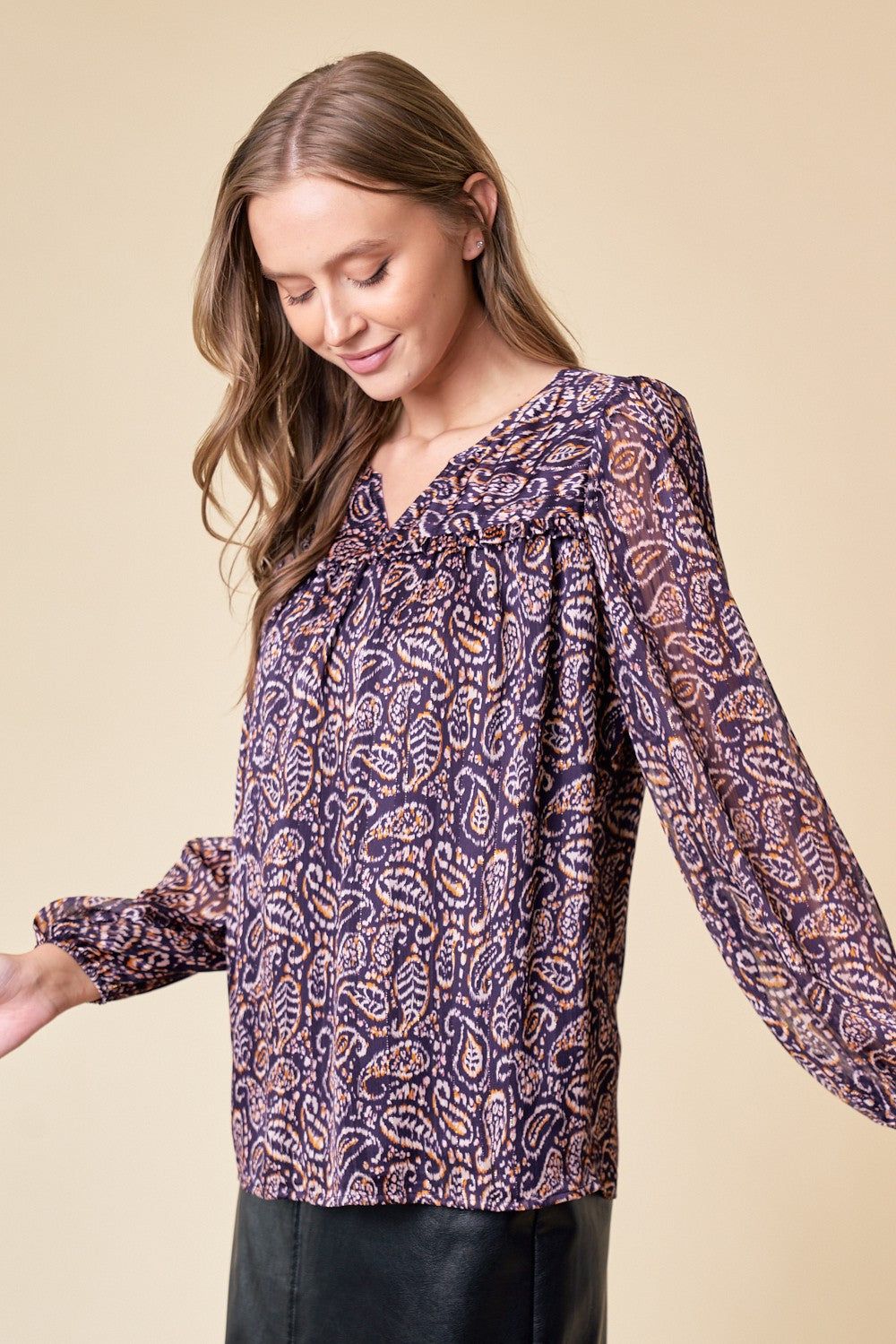 Eggplant Long Sleeve Paisley Printed Blouse sold by Pinkblush product image thumbnail 3