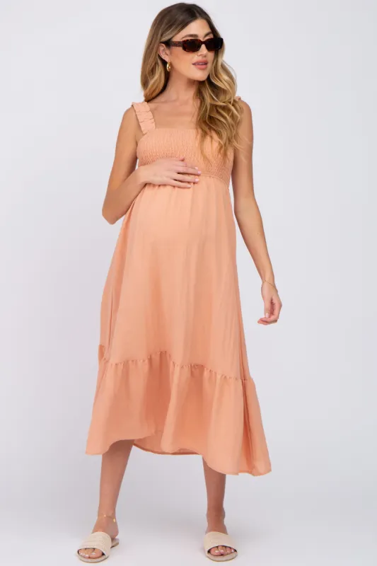 Peach Smocked Maternity Midi Dress sold by Pinkblush