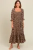 Brown Smocked Tiered Pocketed Maternity Midi Dress sold by Pinkblush