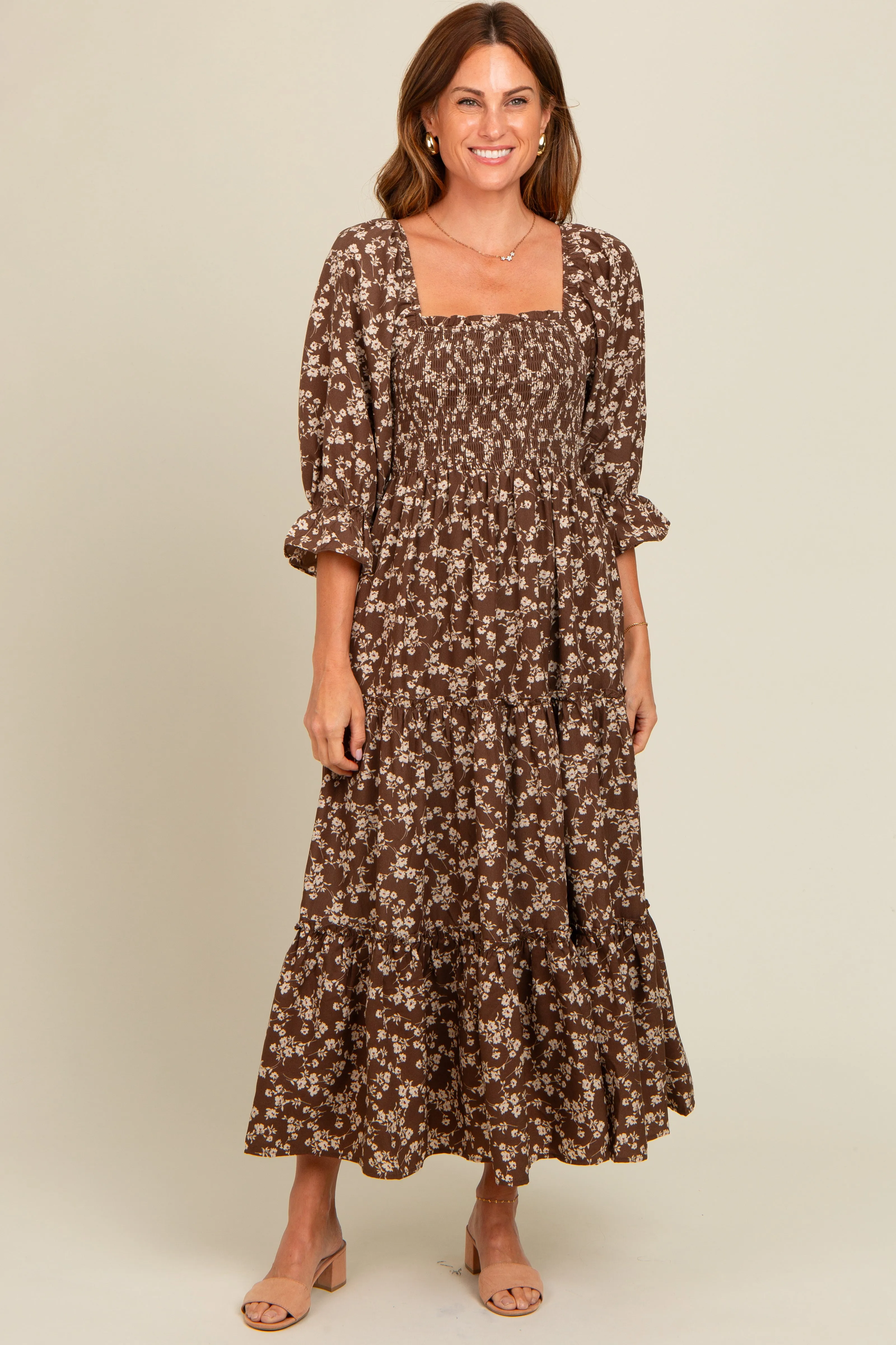 Brown Smocked Tiered Pocketed Maternity Midi Dress sold by Pinkblush product image thumbnail 5
