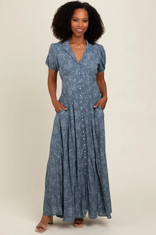 Blue Floral Button Down Maxi Dress sold by Pinkblush