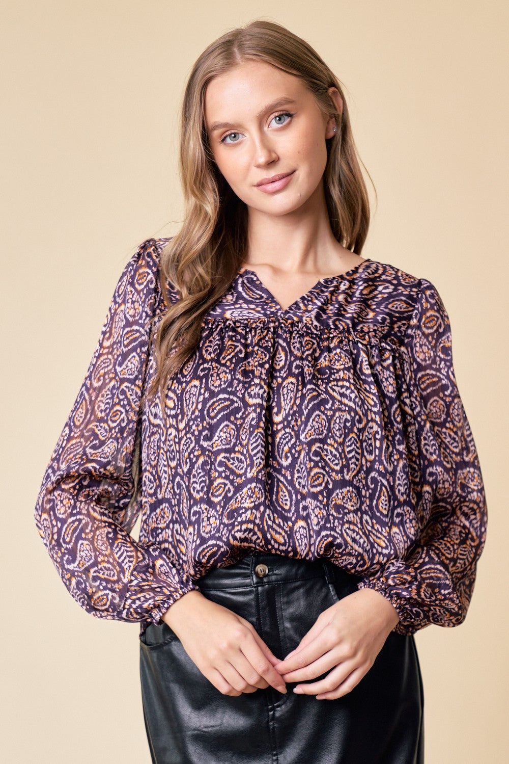 Eggplant Long Sleeve Paisley Printed Blouse sold by Pinkblush