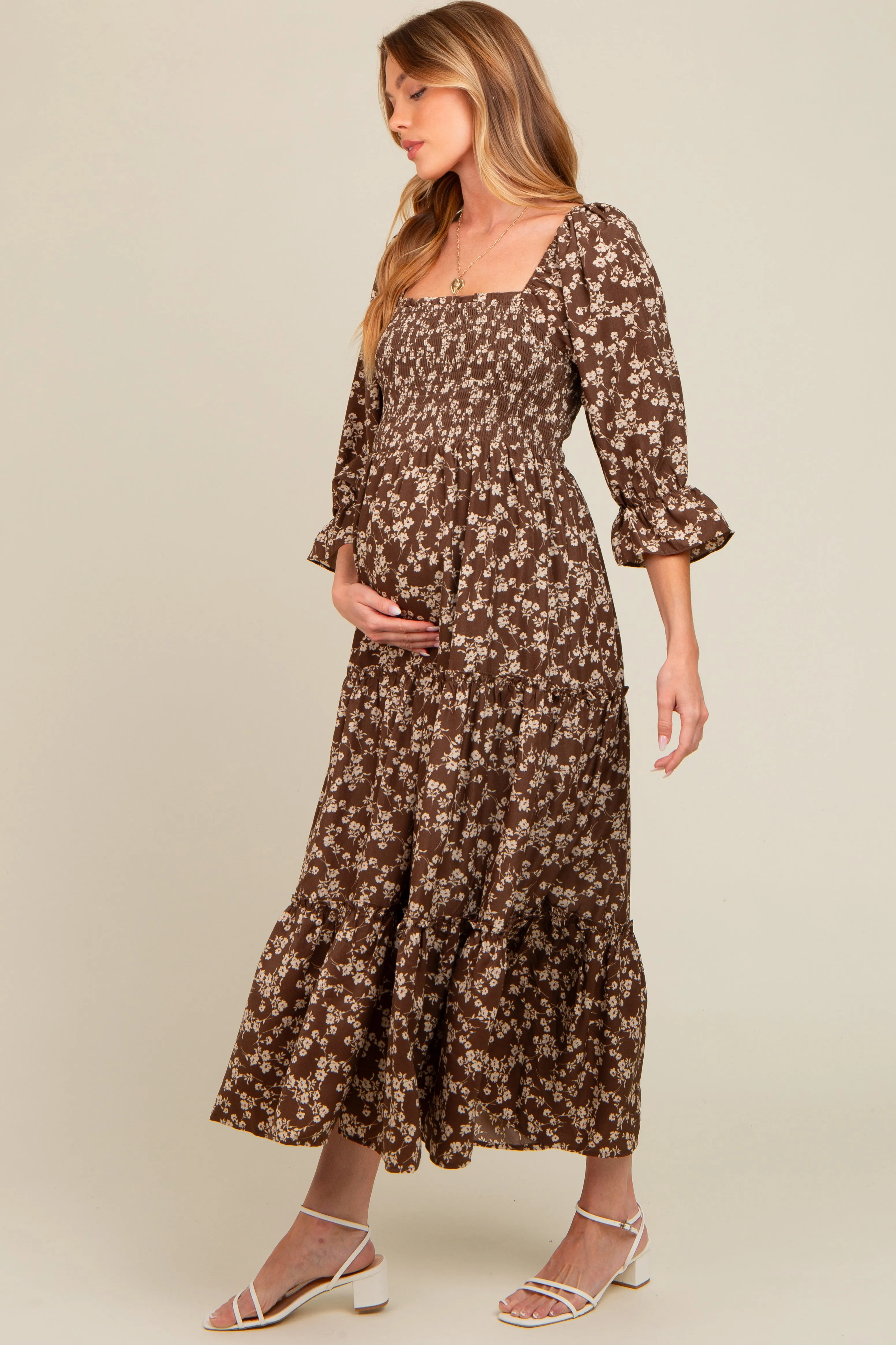 Brown Smocked Tiered Pocketed Maternity Midi Dress sold by Pinkblush product image thumbnail 3