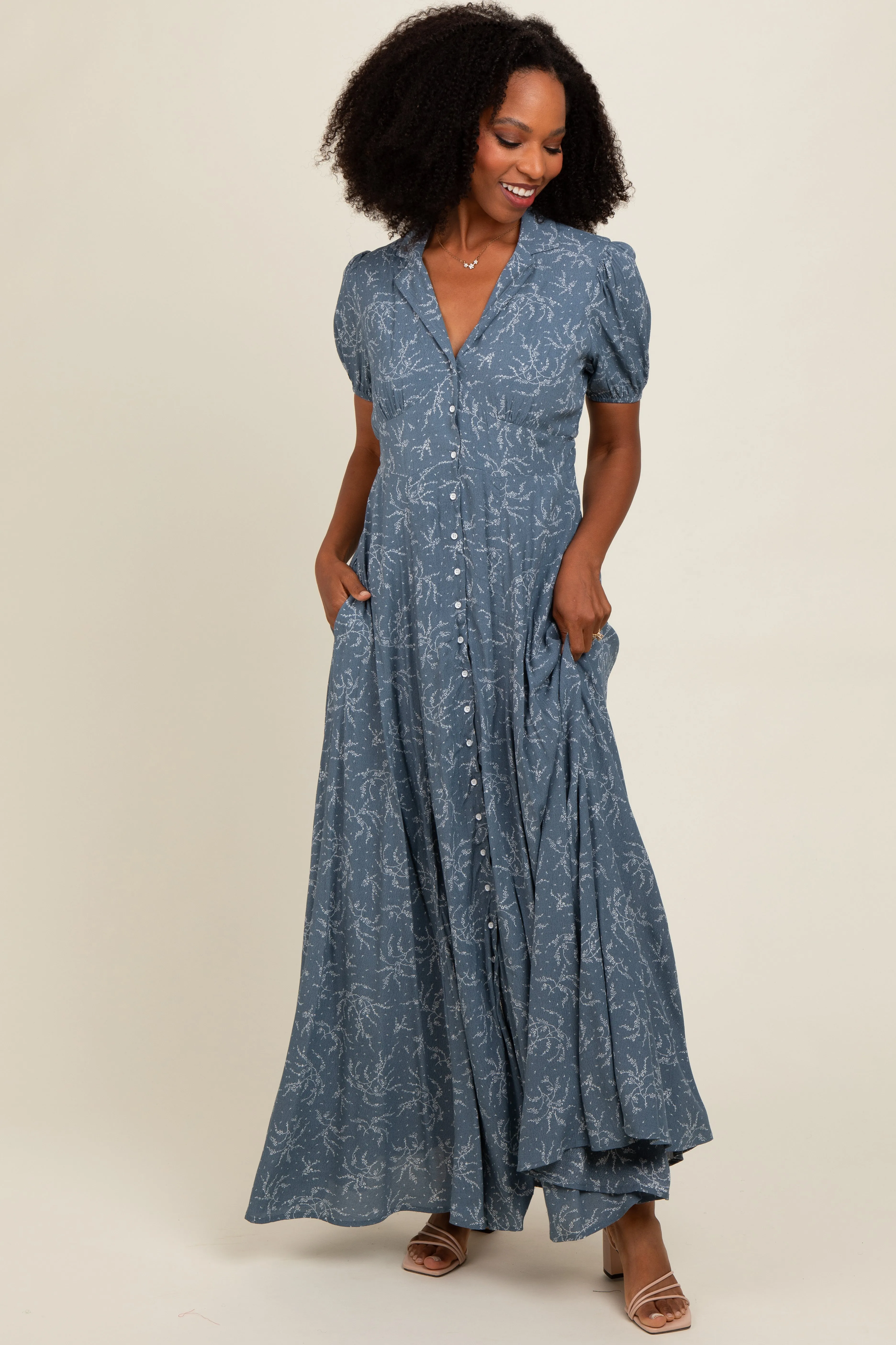 Blue Floral Button Down Maxi Dress sold by Pinkblush product image thumbnail 2