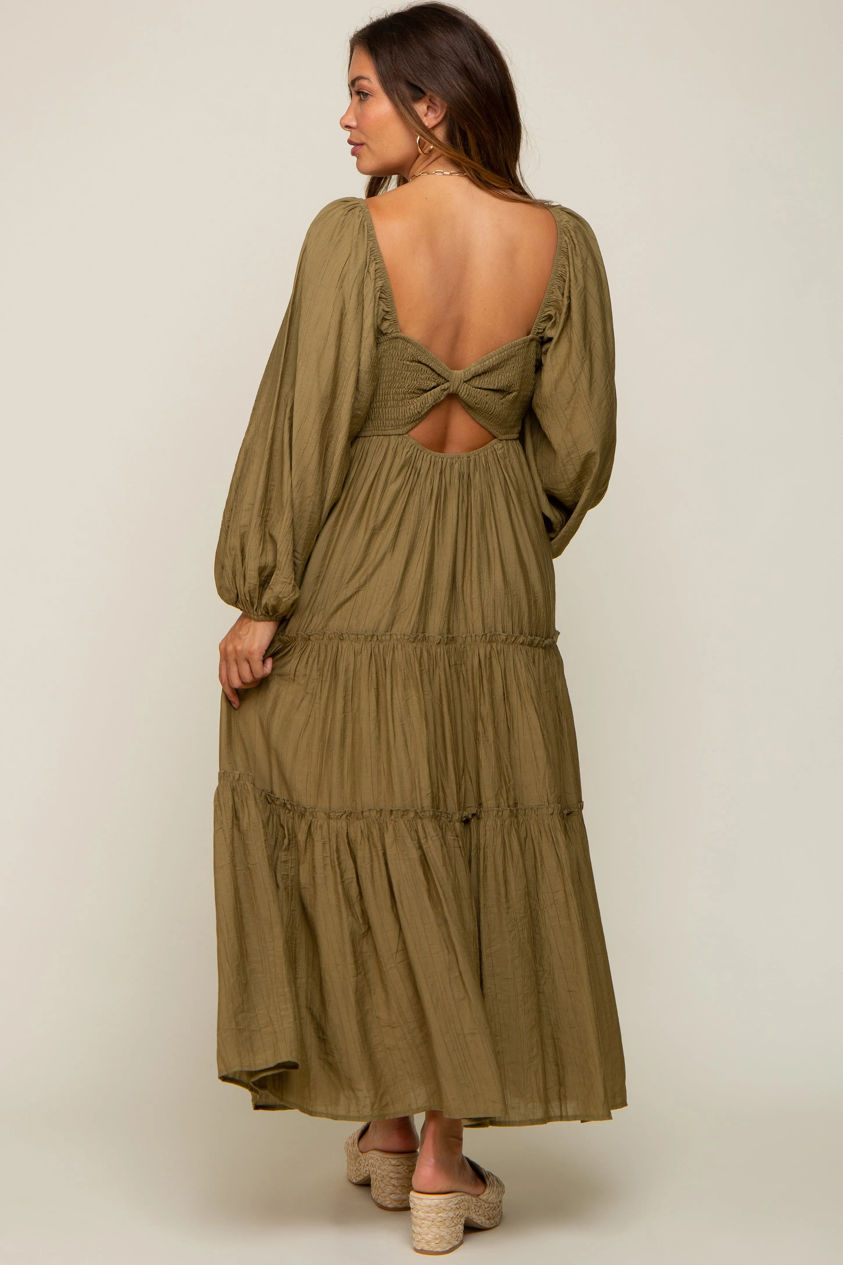 Olive Ruched Front Cutout Back Tiered Maternity Maxi Dress sold by Pinkblush product image thumbnail 4