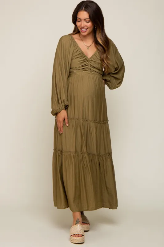 Olive Ruched Front Cutout Back Tiered Maternity Maxi Dress sold by Pinkblush