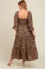 Brown Smocked Tiered Pocketed Maternity Midi Dress sold by Pinkblush