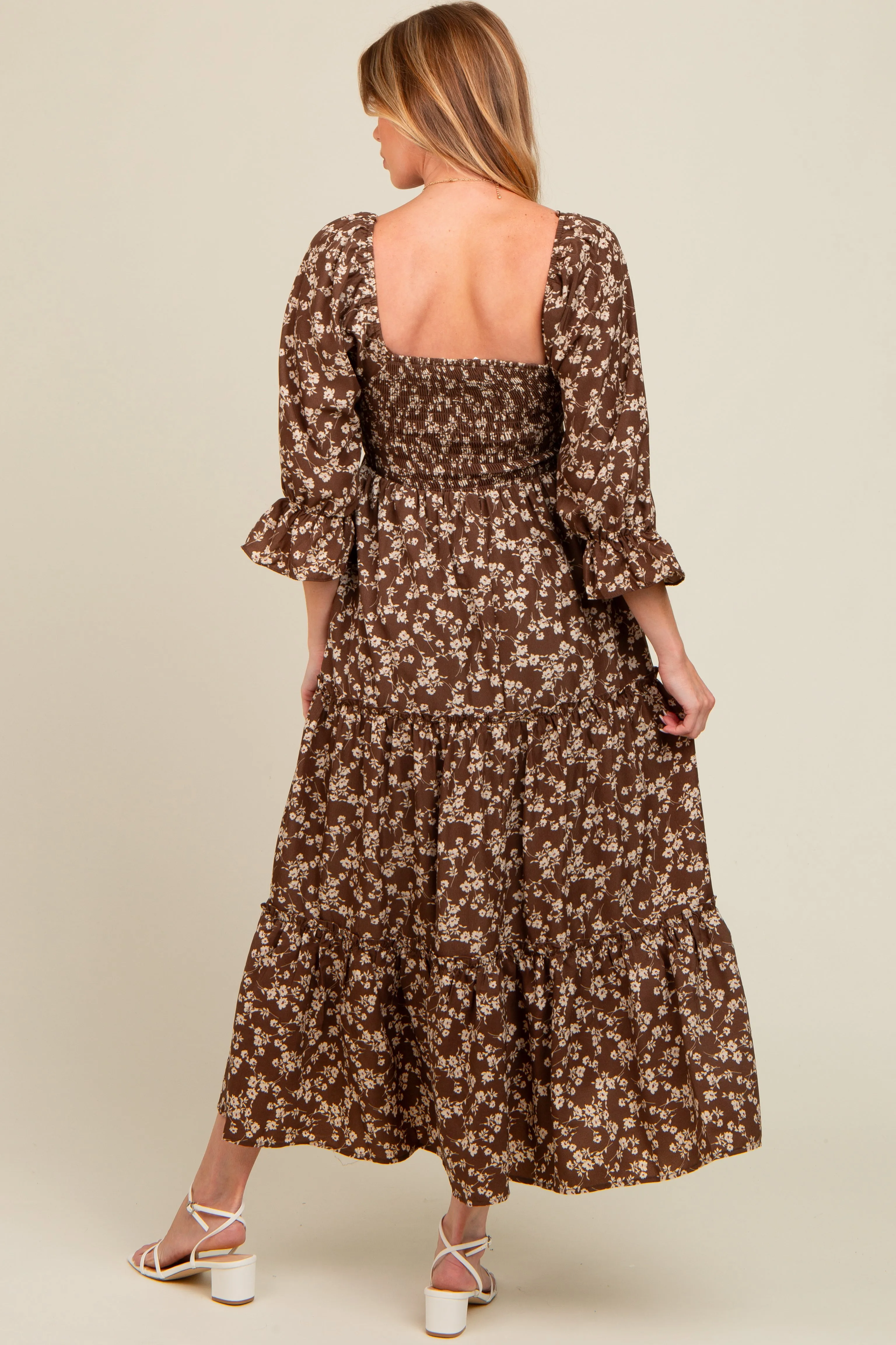 Brown Smocked Tiered Pocketed Maternity Midi Dress sold by Pinkblush product image thumbnail 4
