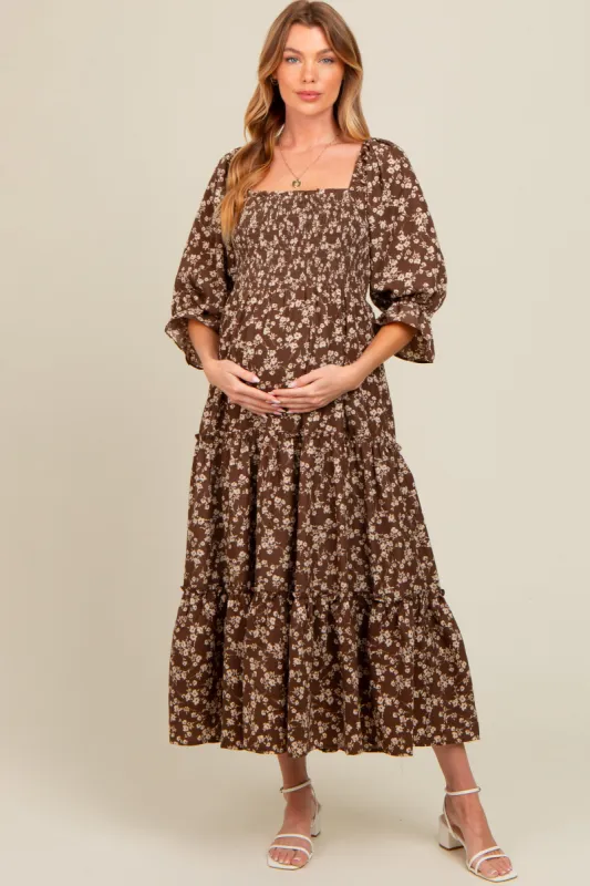 Brown Smocked Tiered Pocketed Maternity Midi Dress sold by Pinkblush