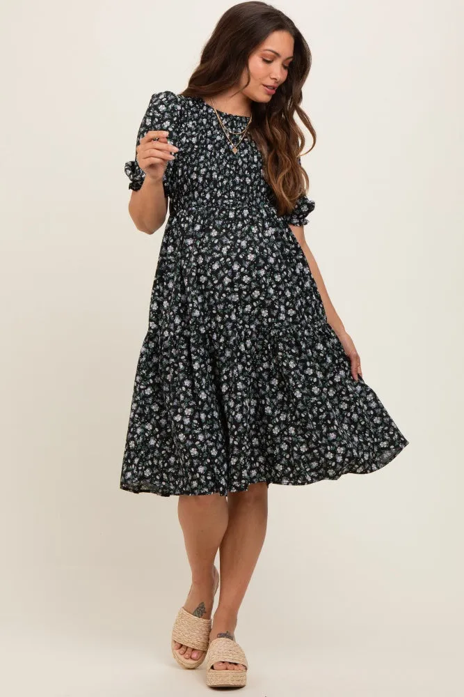 Black Floral Smocked Maternity Midi Dress sold by Pinkblush product image thumbnail 3