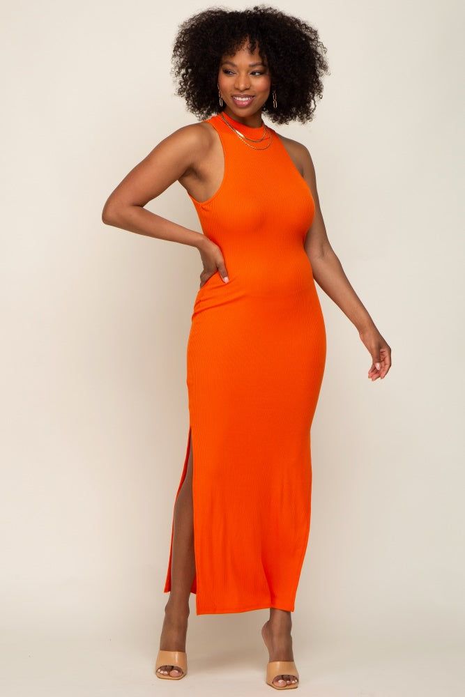 Orange Ribbed Side Slit Maternity Maxi Dress sold by Pinkblush product image thumbnail 4