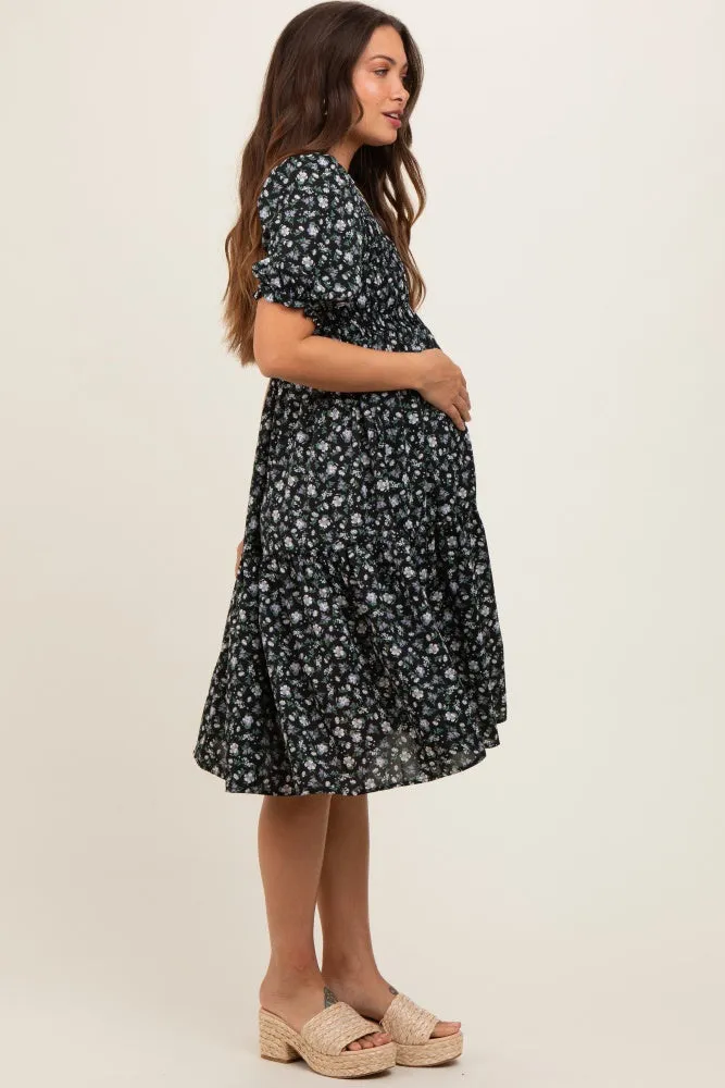 Black Floral Smocked Maternity Midi Dress sold by Pinkblush product image thumbnail 4