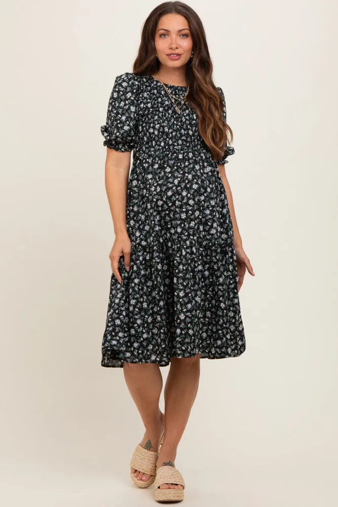 Black Floral Smocked Maternity Midi Dress sold by Pinkblush