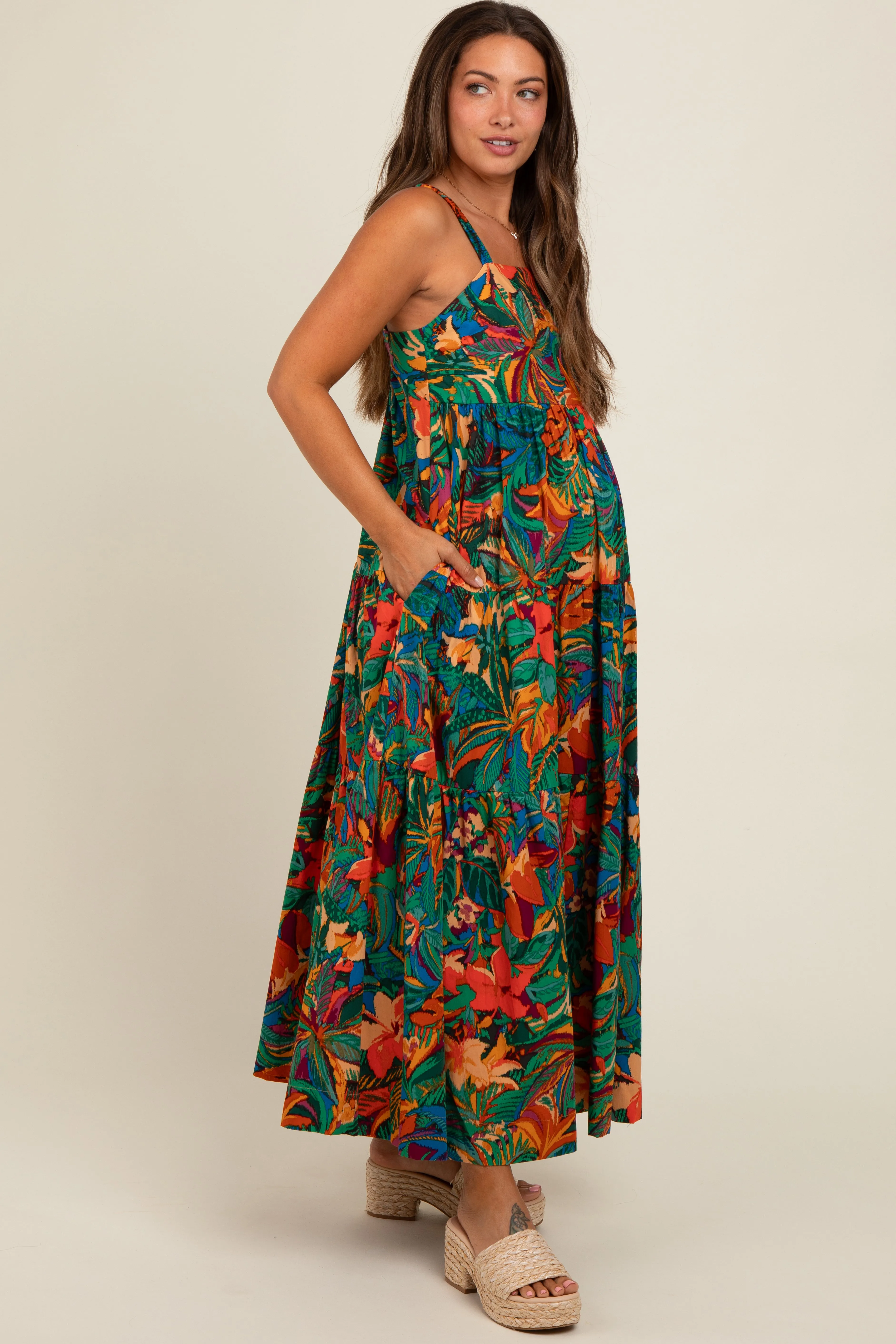 Forest Green Tropical Print Tiered Maternity Maxi Dress sold by Pinkblush product image thumbnail 3