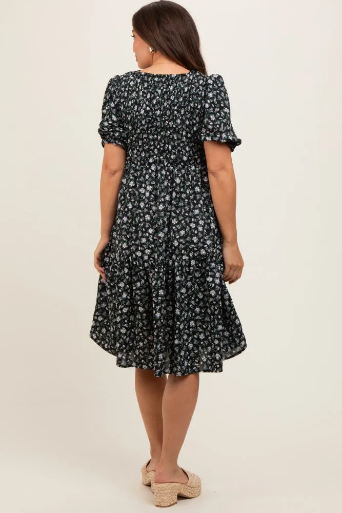 Black Floral Smocked Maternity Midi Dress sold by Pinkblush product image thumbnail 5