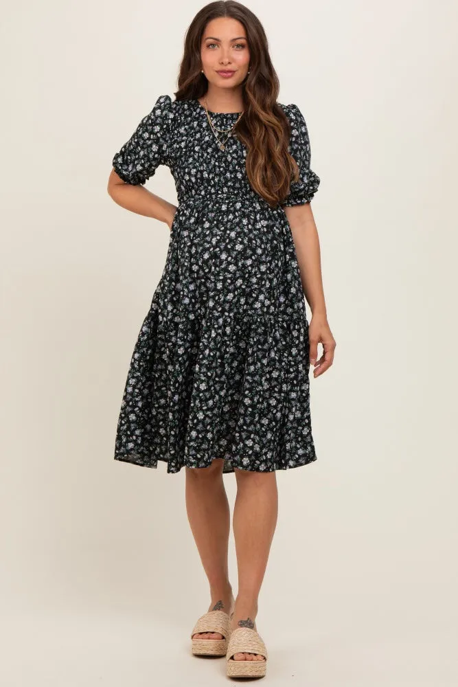 Black Floral Smocked Maternity Midi Dress sold by Pinkblush product image thumbnail 2