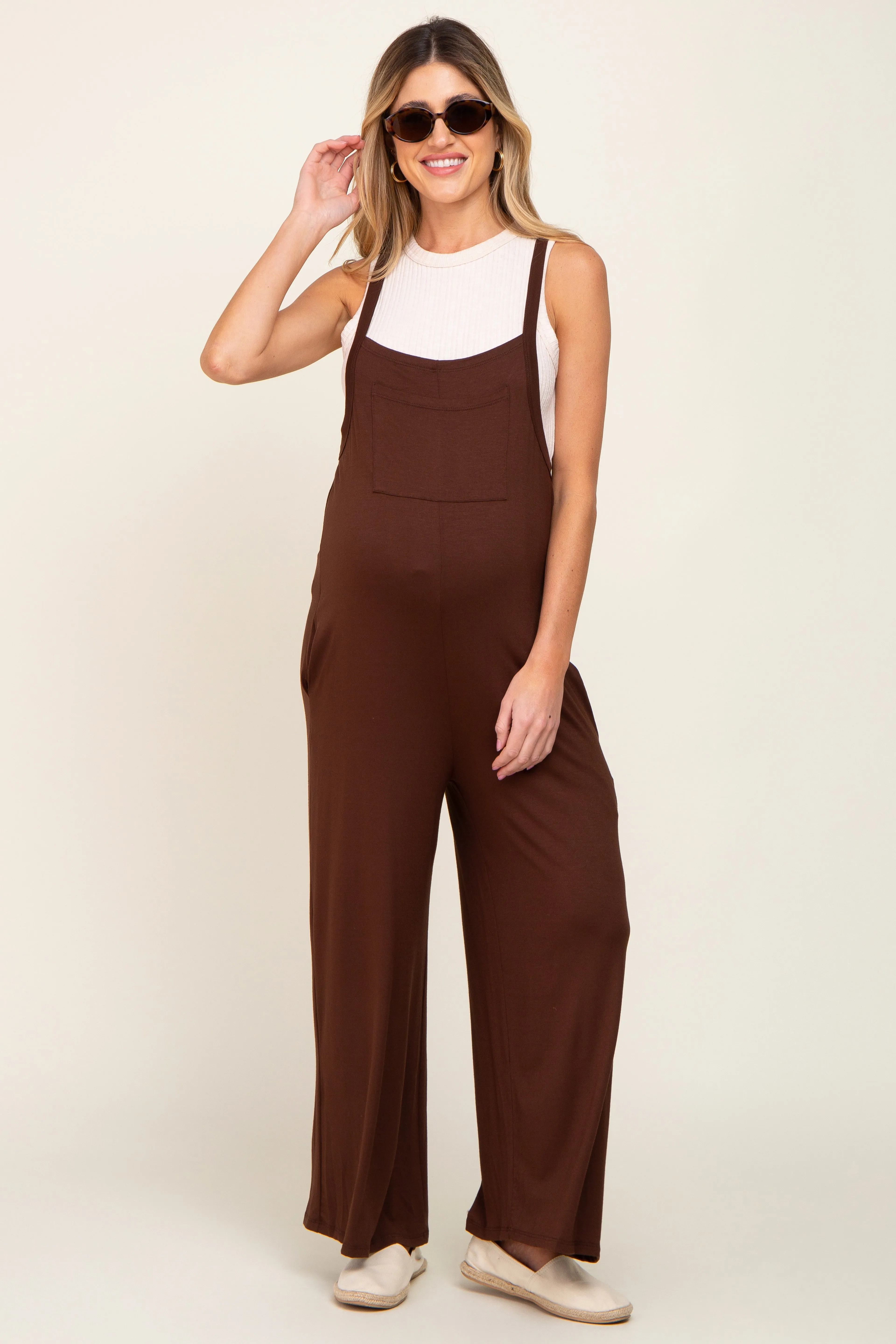 Brown Sleeveless Pocketed Wide Leg Maternity Jumpsuit sold by Pinkblush product image thumbnail 4