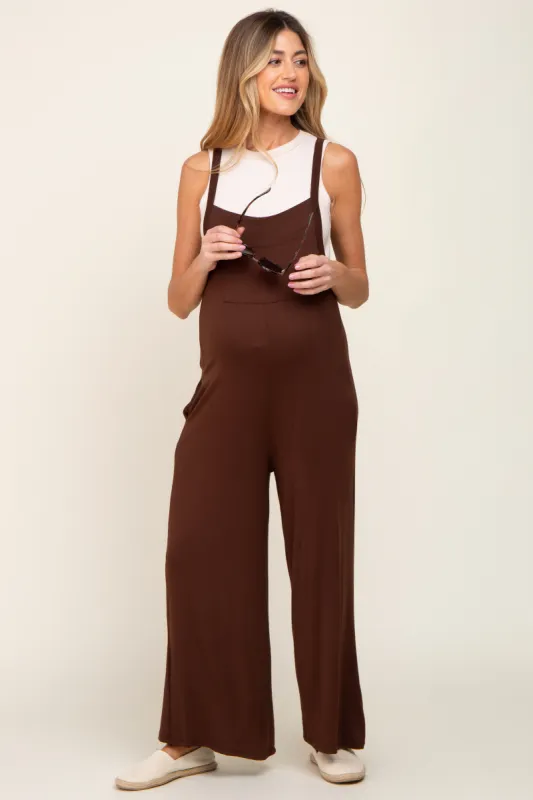Brown Sleeveless Pocketed Wide Leg Maternity Jumpsuit sold by Pinkblush