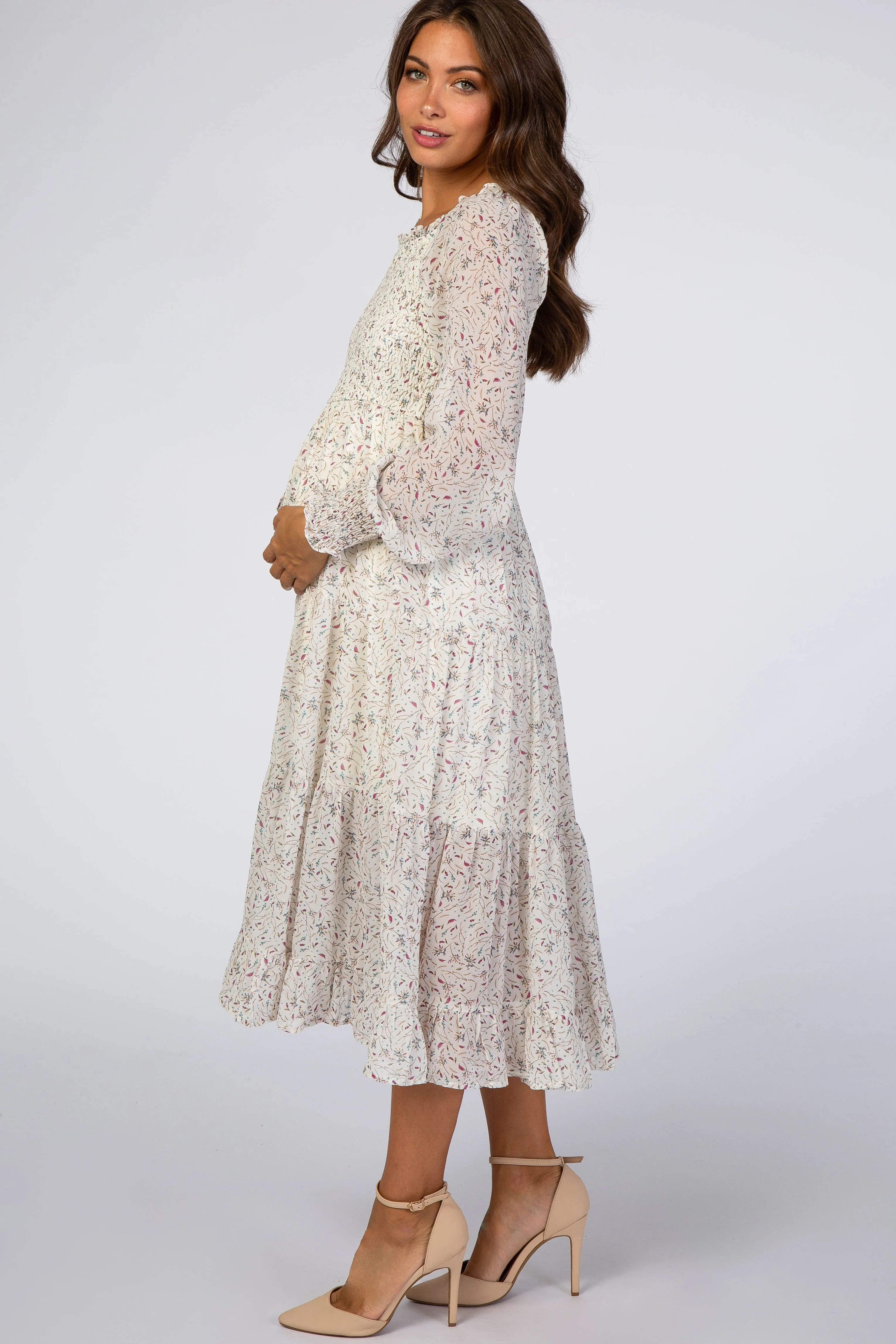 Ivory Floral Smocked Front Ruffle Hem Maternity Midi Dress sold by Pinkblush product image thumbnail 2