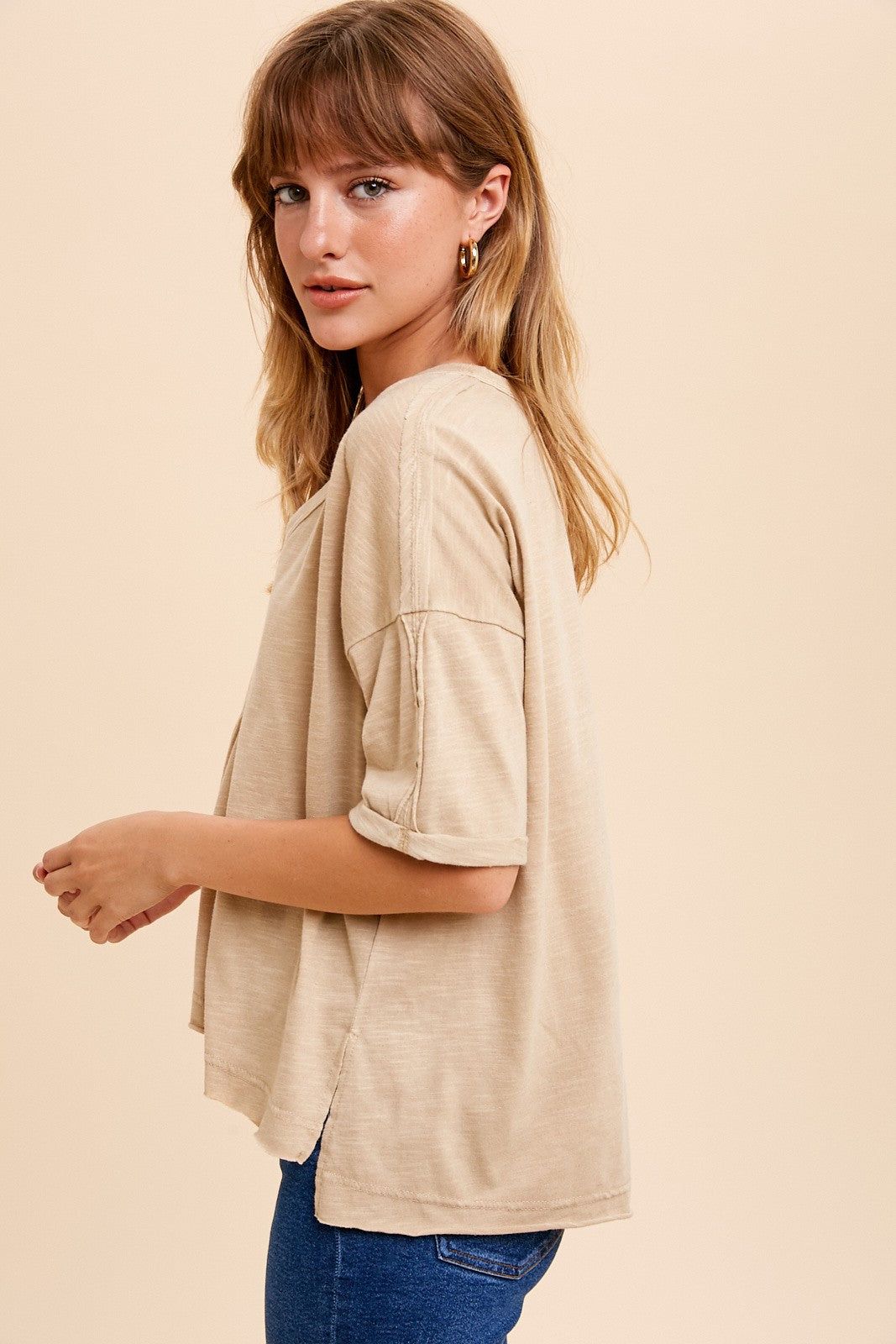 Beige Garment Washed Short Sleeve V Neck Tee sold by Pinkblush product image thumbnail 2