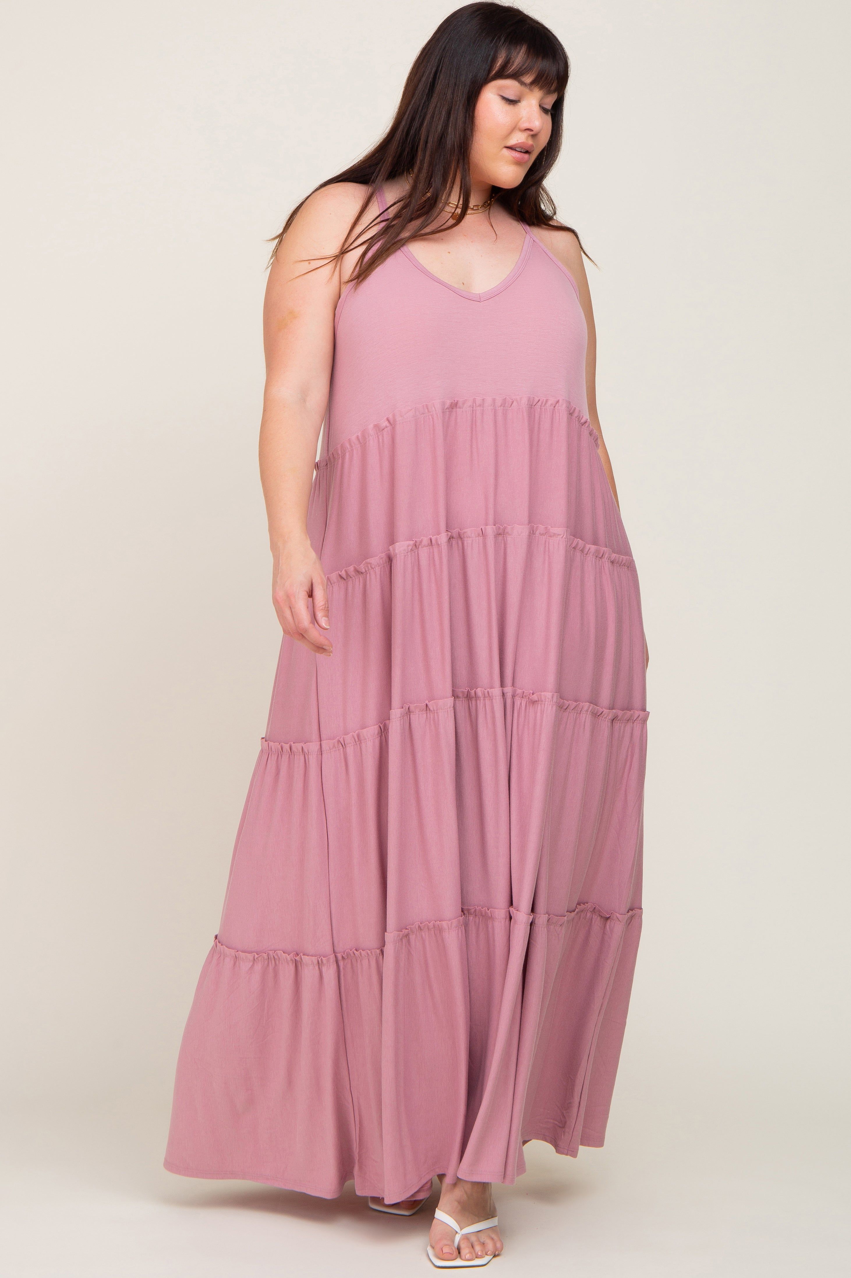 Mauve Tiered Sleeveless Plus Maxi Dress sold by Pinkblush