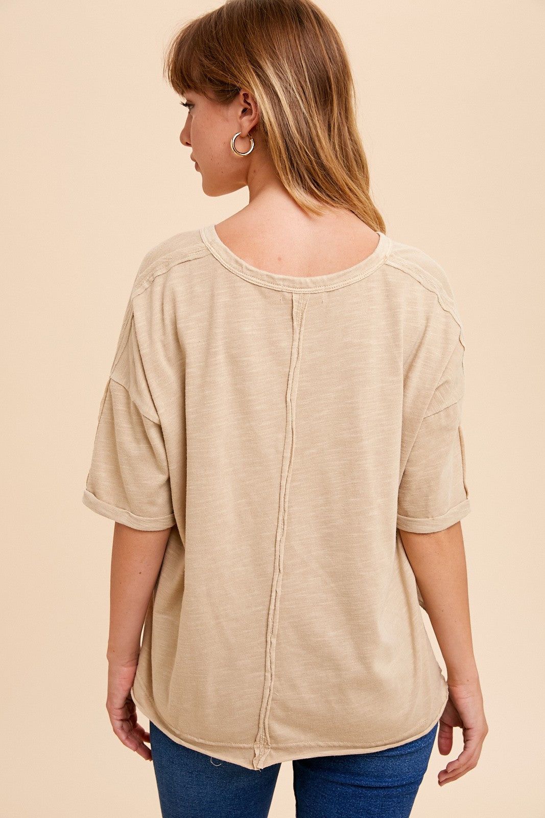 Beige Garment Washed Short Sleeve V Neck Tee sold by Pinkblush product image thumbnail 3