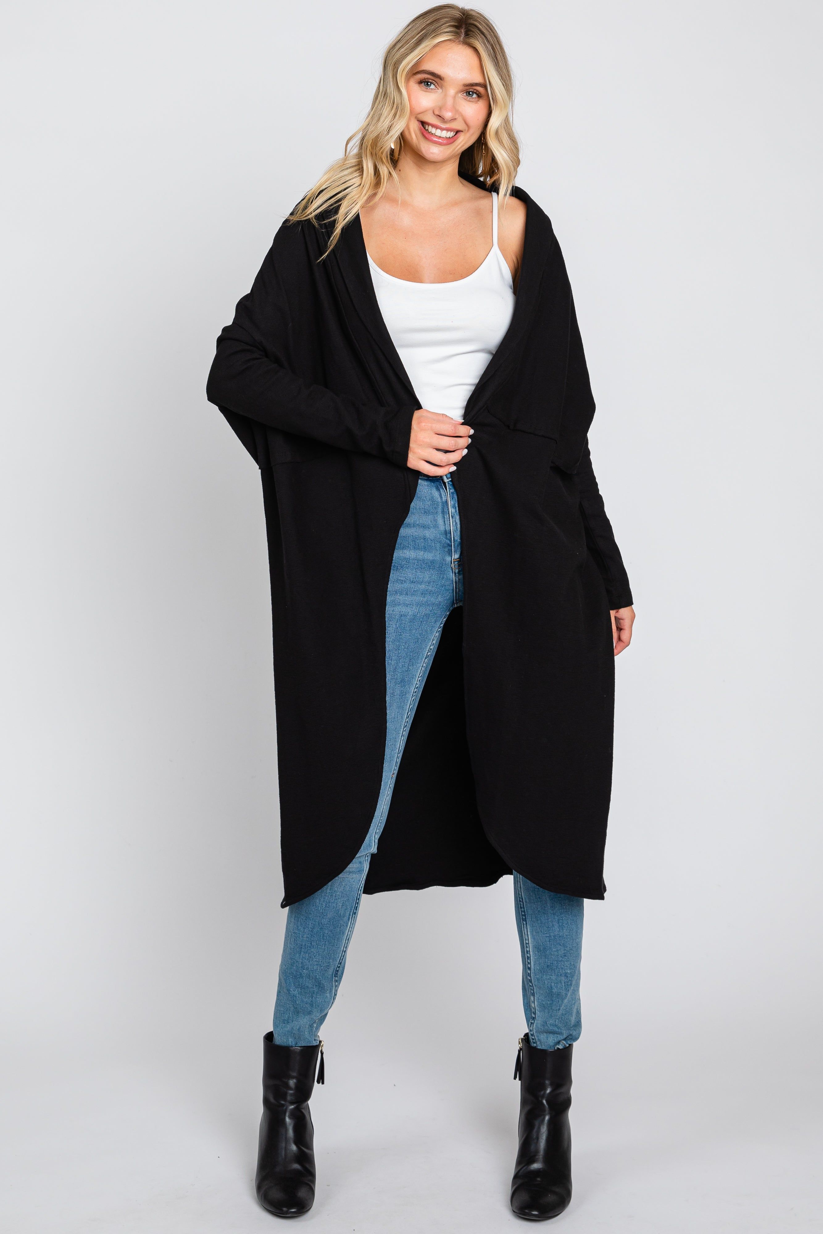 Black Open Front Long Cardigan sold by Pinkblush