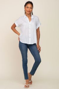 Blue Striped Collared Button Blouse sold by Pinkblush