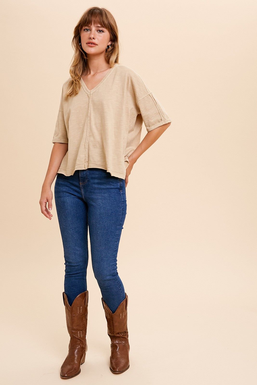 Beige Garment Washed Short Sleeve V Neck Tee sold by Pinkblush product image thumbnail 4