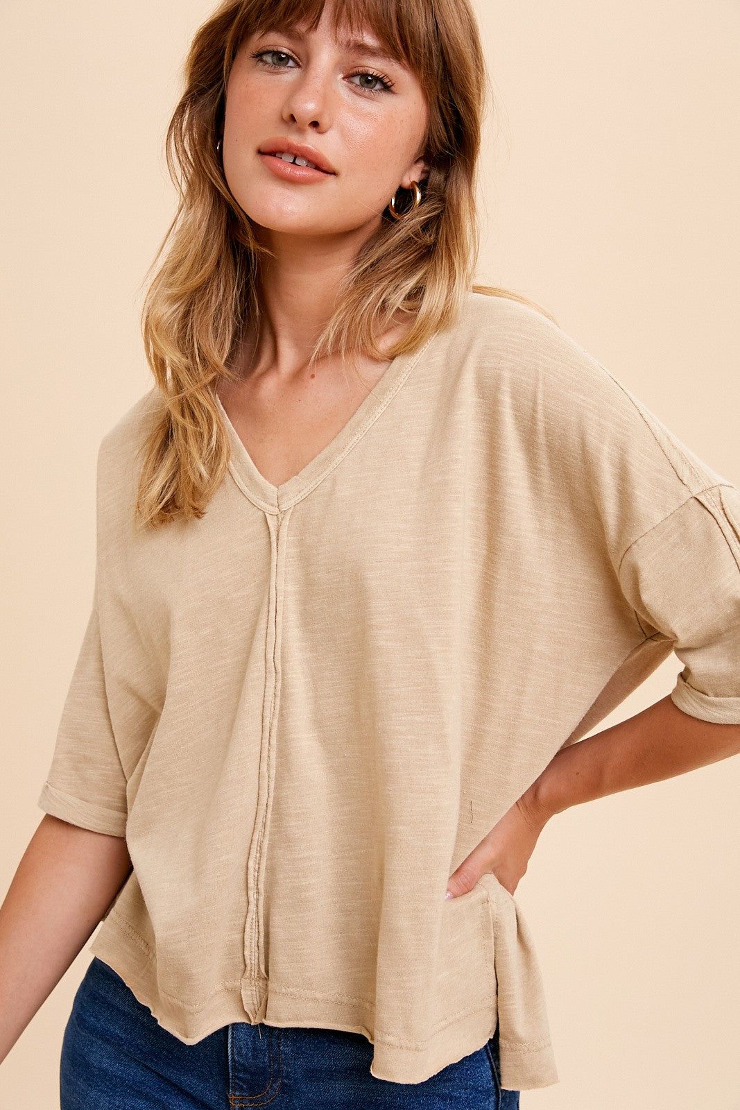 Beige Garment Washed Short Sleeve V Neck Tee sold by Pinkblush