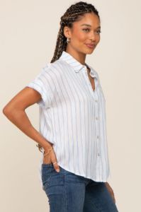 Blue Striped Collared Button Blouse sold by Pinkblush
