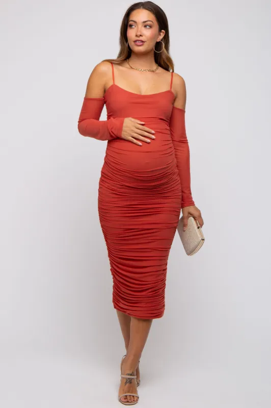 Rust Mesh Ruched Long Sleeve Maternity Midi Dress sold by Pinkblush