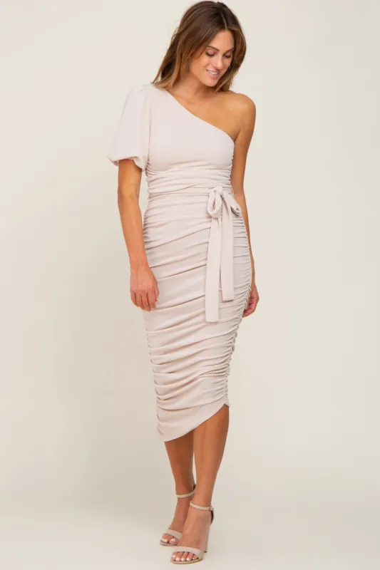 Beige Textured One Shoulder Ruched  Dress made by Pinkblush