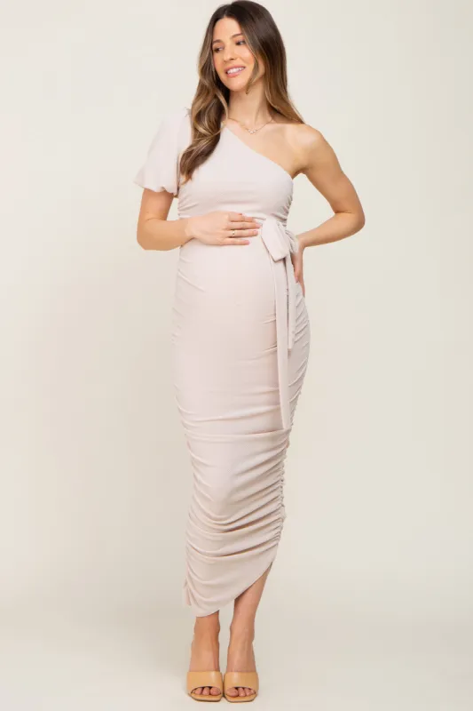 Beige Textured One Shoulder Ruched Maternity Dress sold by Pinkblush